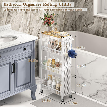 Utility Slim Storage Cart 4 Tier Small Rolling Kitchen Laundry Room Organization Cart with Wood Top Metal Narrow Laundry Room Shelves Cabinet Unit Laundry Organizer Trolley with Handle for Small space