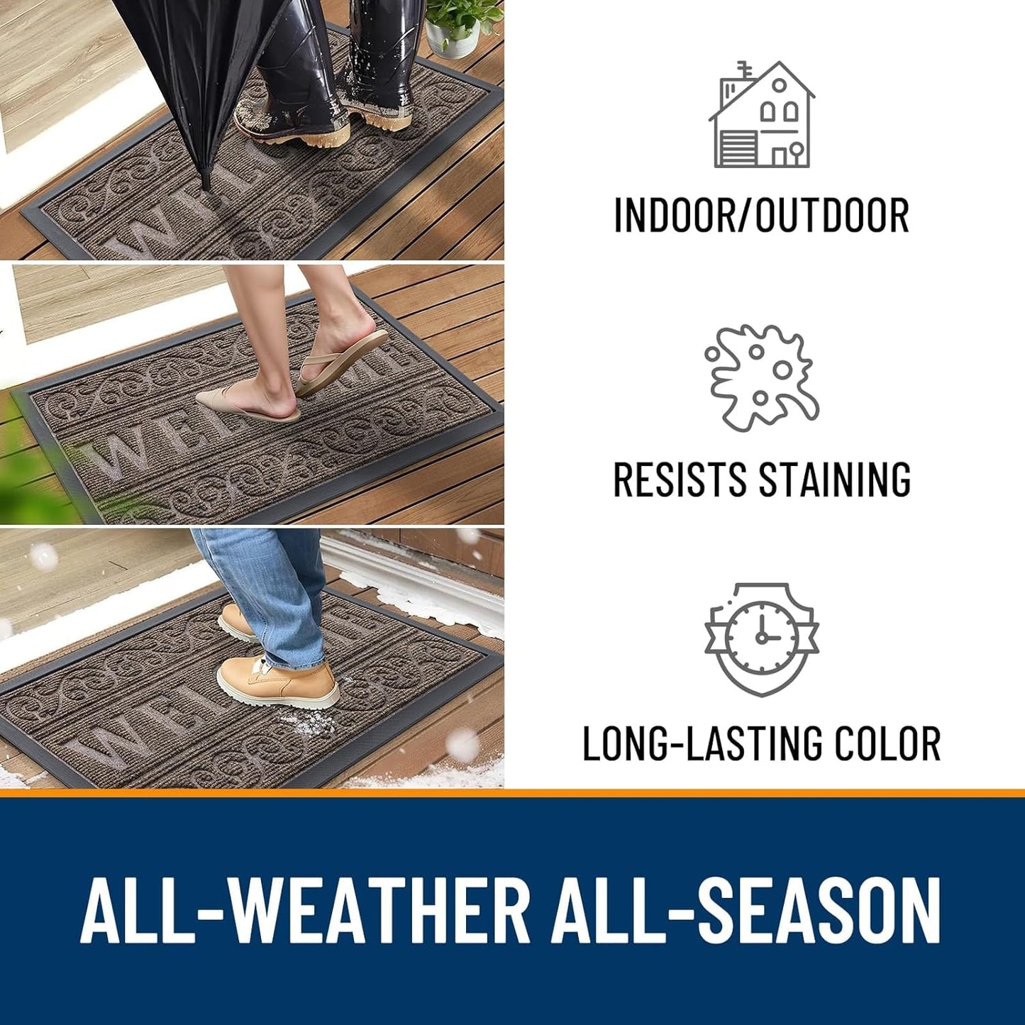 OLANLY Front Door Mat Outside Entrance 29.5x17, Absorbent, Heavy Duty Sturdy Natural Rubber Doormat Indoor Outdoor, Stain and Fade Resistant, Non-Slip Backing Low Profile Floor Mat for Entryway, Grey