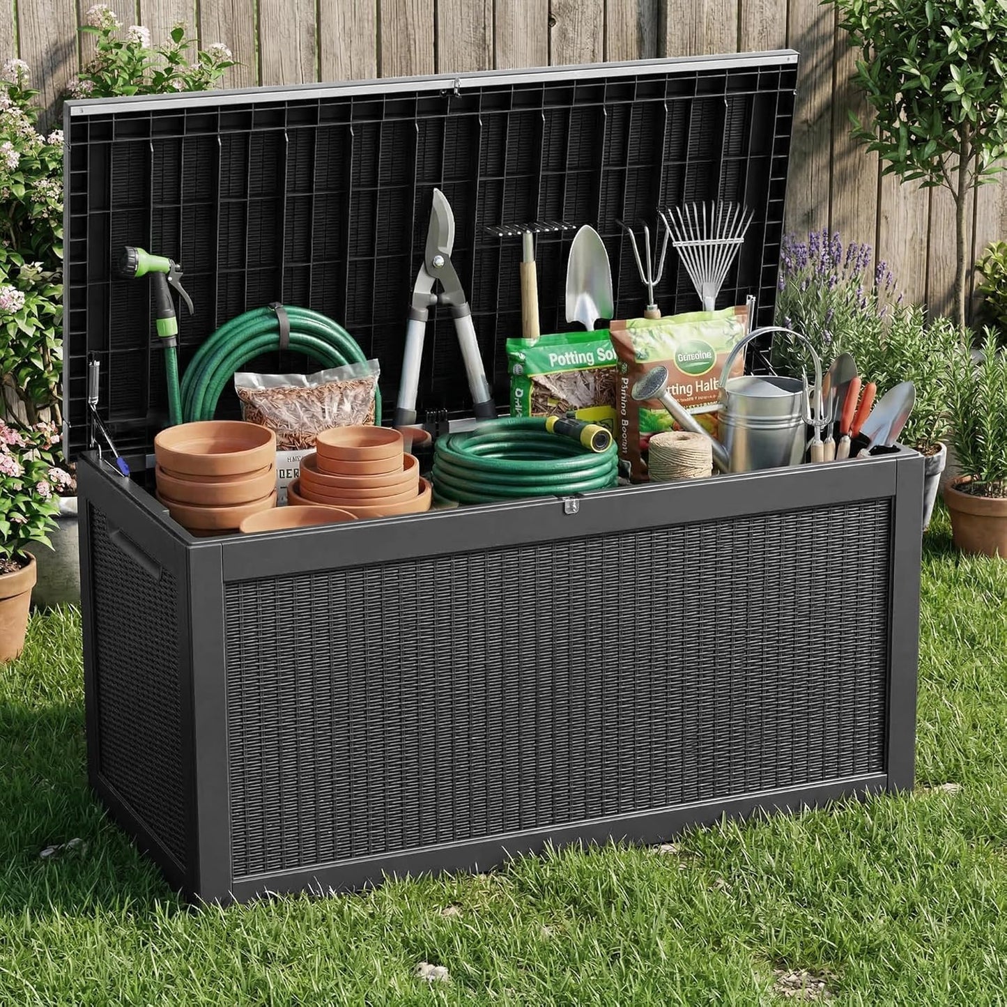 ROJIK 340 Gallon Deck Box Outdoor Waterproof,Weatherproof Outdoor Storage Boxes Lockable with Lid,Outside Resin Storage Bench for Patio Cushions,Garden Tools and Pool Accessories(Black)