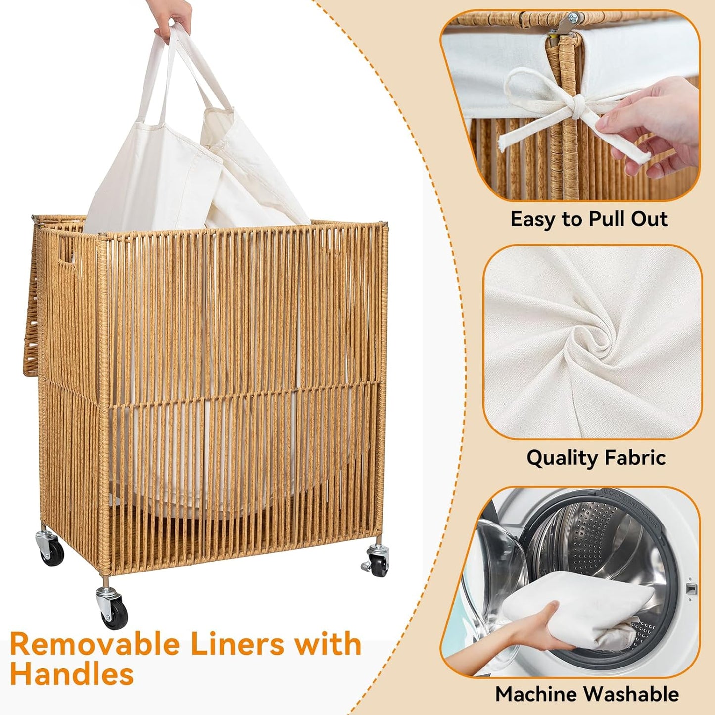 WOWLIVE Laundry Hamper with Wheels, 160L Handwoven Rolling Laundry Basket 3 Section with Lid, Clothes Hamper with Removable Liner Bags, Large Capacity Laundry Sorter Laundry Room Organization, Natural