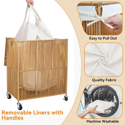WOWLIVE Laundry Hamper with Wheels, 160L Handwoven Rolling Laundry Basket 3 Section with Lid, Clothes Hamper with Removable Liner Bags, Large Capacity Laundry Sorter Laundry Room Organization, Natural