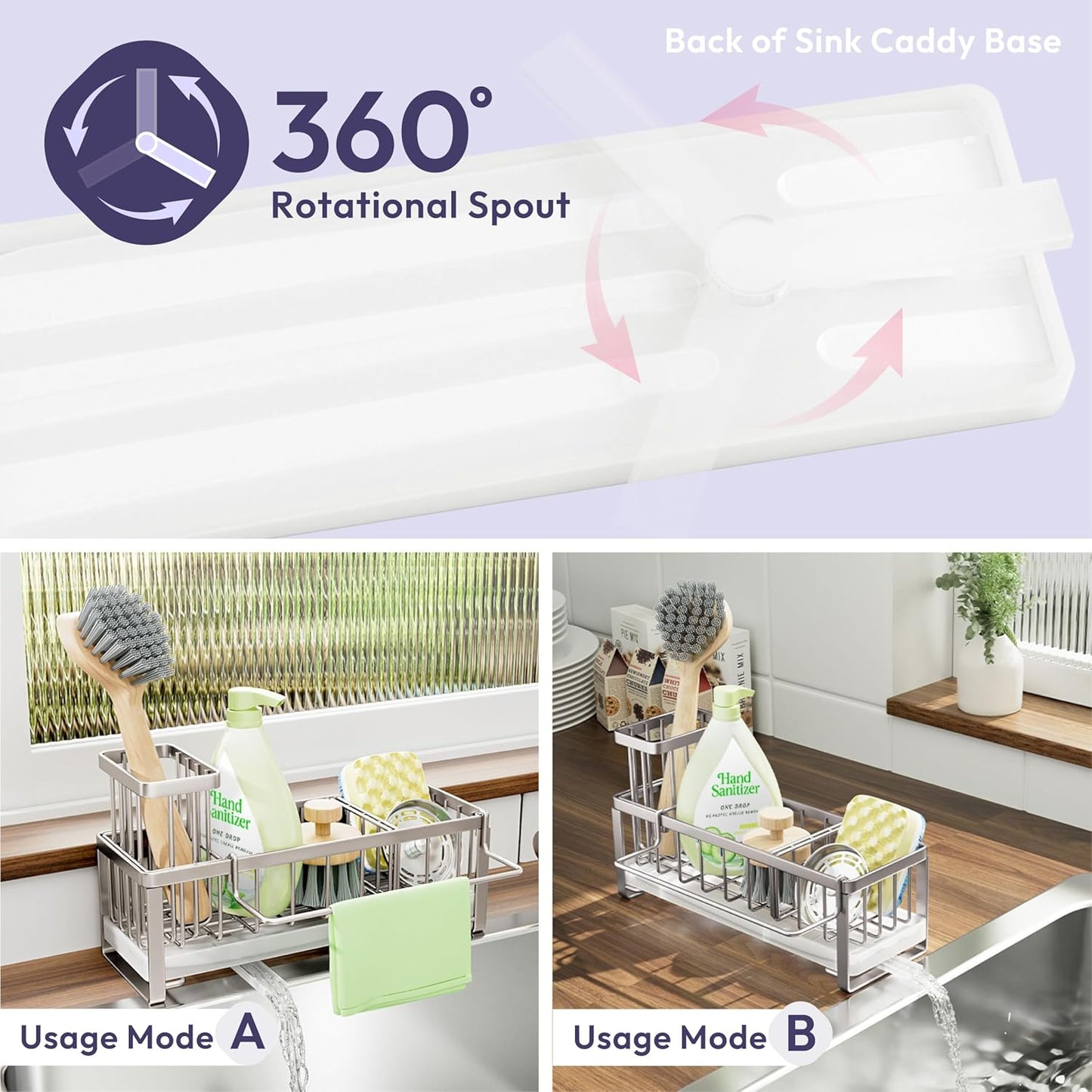 SWTYMIKI Sink Caddy Sponge Holder - Large Sponge Holder for Kitchen Sink with 360°Auto-Drain Tray, Rustproof Stainless Steel Kitchen Organizer Caddy for Countertop Organization