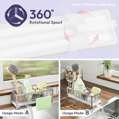 SWTYMIKI Sink Caddy Sponge Holder - Large Sponge Holder for Kitchen Sink with 360°Auto-Drain Tray, Rustproof Stainless Steel Kitchen Organizer Caddy for Countertop Organization