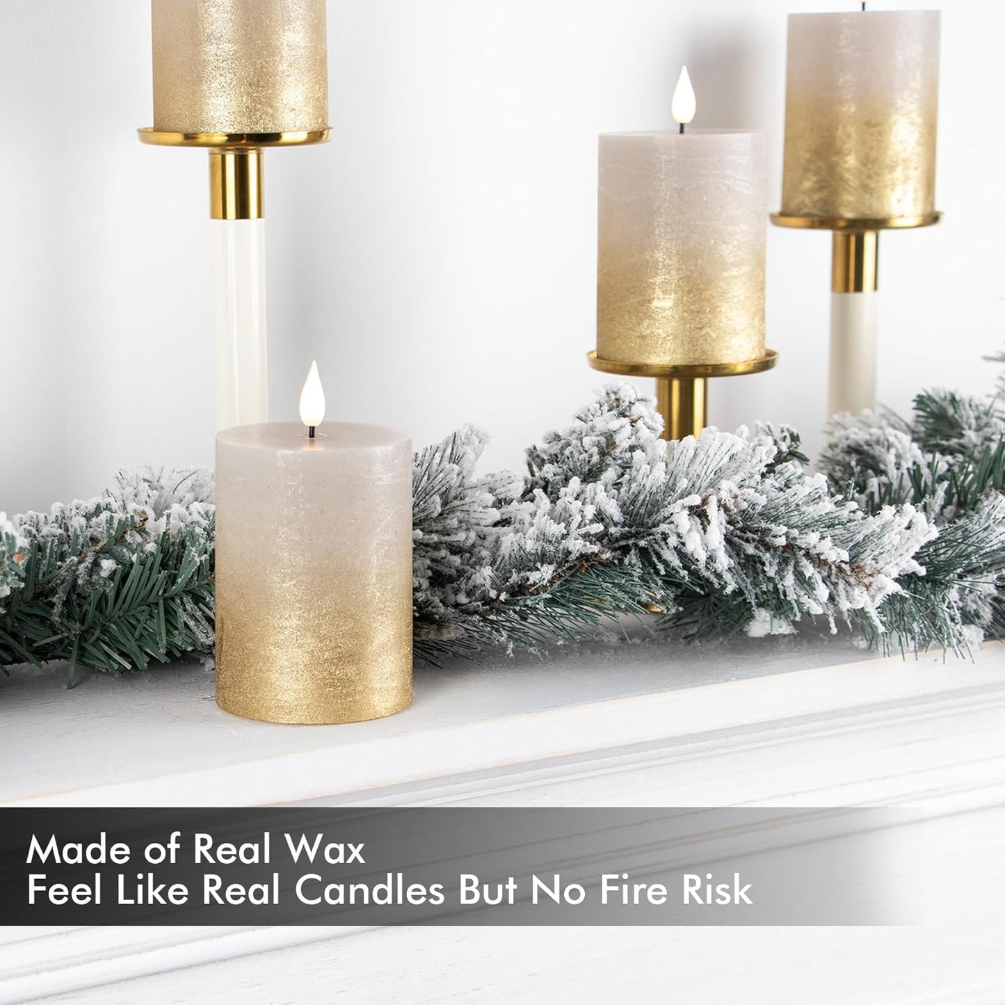 Fanna Flameless LED Pillar Candles with Timer for Wreath, Battery Operated Rustic Wax Candles with Remote for Christmas, 8 Batteries Included - Set of 4 (D 3" x H 4") - Sand Grey/Gold