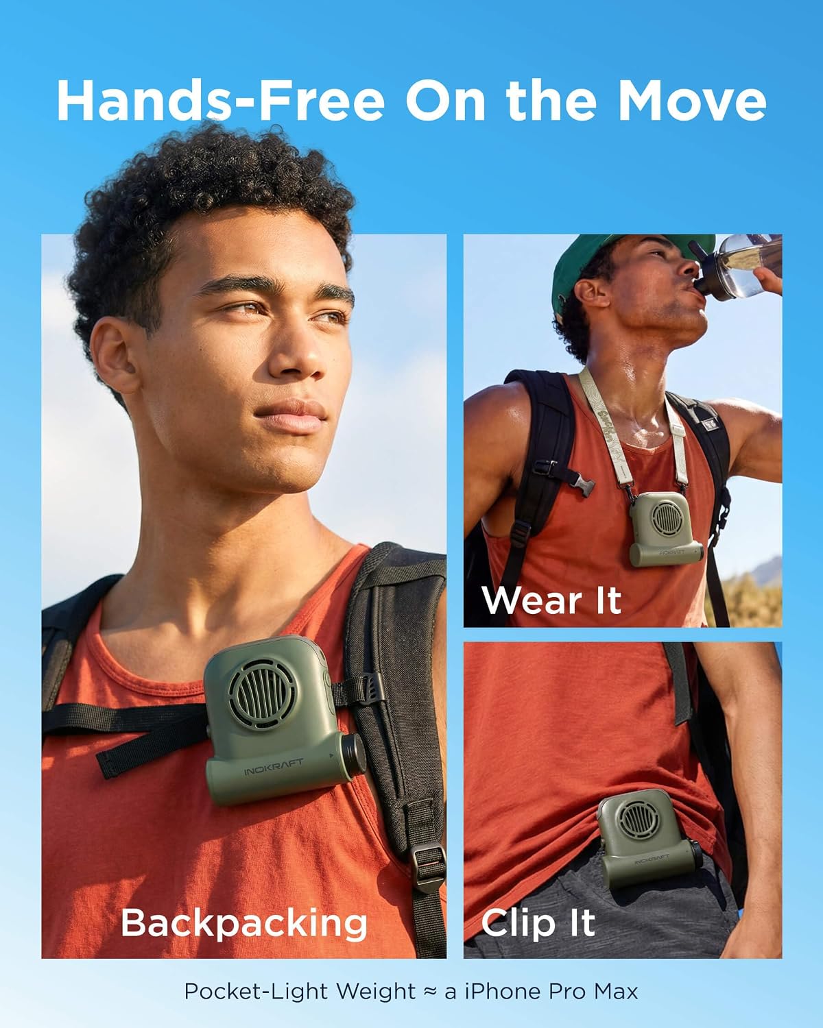 InoKraft Portable Fan Rechargeable for Hiking & Camping, Clip-On Waist Fan with Swappable 4Ah Rechargeable Battery, 49 ft/s Turbo Airflow, Up to 13H+ Runtime