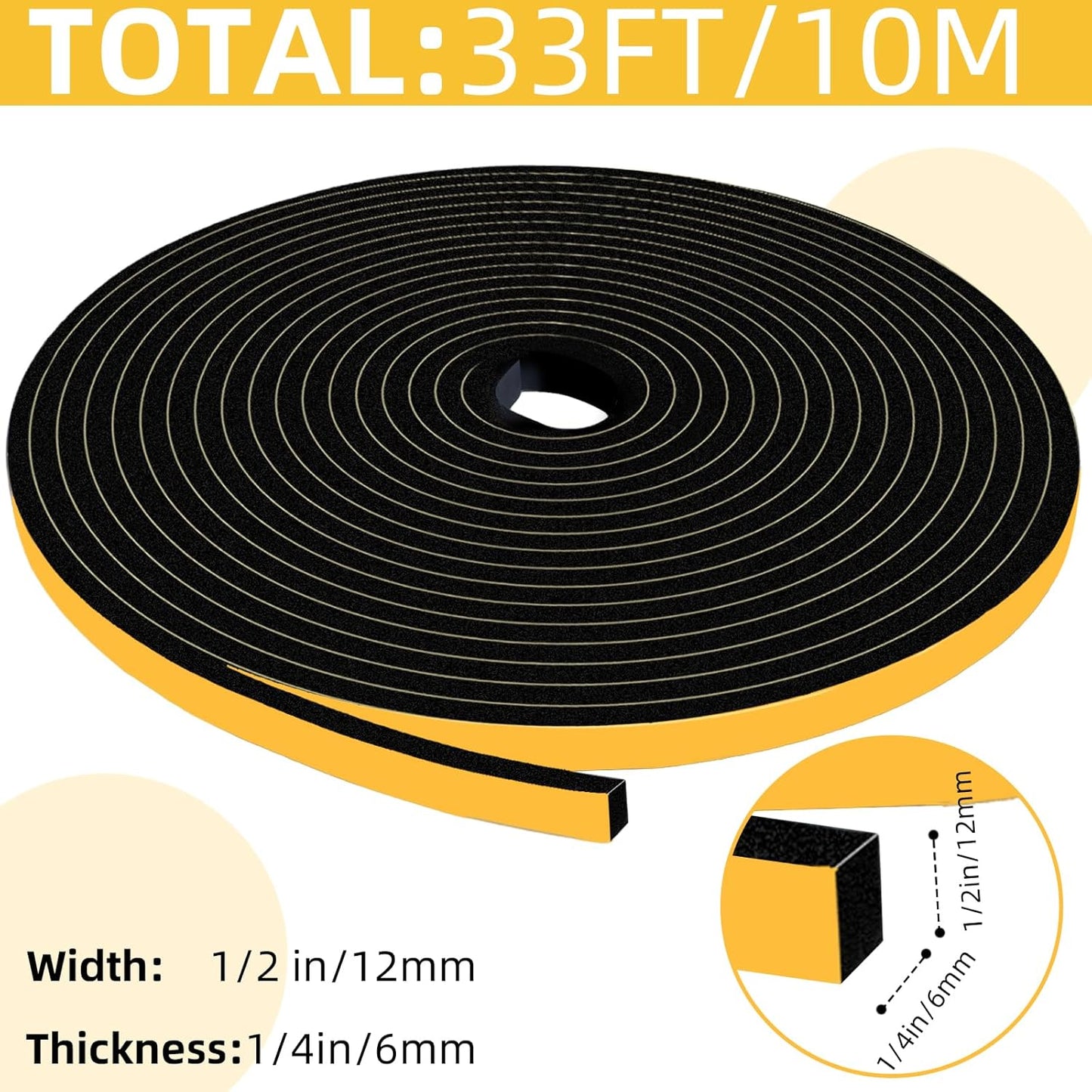 33Ft Weather Stripping Door Seal,Self Adhesive Weather Strip,Window Weather Stripping Sound Proof,Insulation,Strong Adhesive,Use for Door Frame/Window/Gaps(1/2 in x 1/4 in)