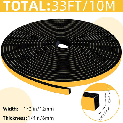 33Ft Weather Stripping Door Seal,Self Adhesive Weather Strip,Window Weather Stripping Sound Proof,Insulation,Strong Adhesive,Use for Door Frame/Window/Gaps(1/2 in x 1/4 in)