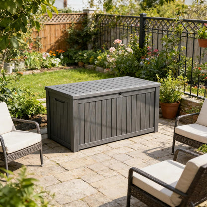 Fancyango 75 Gallon Outdoor Deck Box Waterproof, Large Storage Box for Patio, Resin Storage Bench Lockable for Garden Tools, Package Delivery, Black