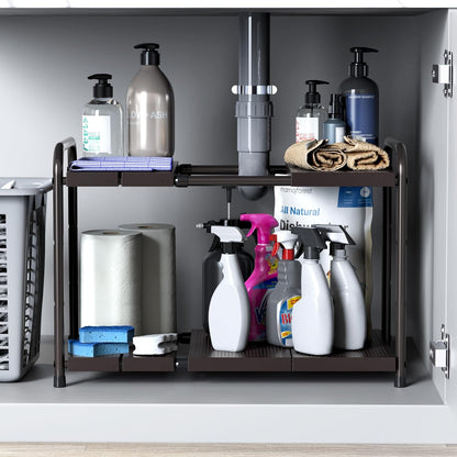 Simple Houseware Under Sink 2-Tier Heavy Duty Expandable Rack Organizer, Adjustable Width 15.75–25 Inches with 4 Shelf Height Levels, Silver