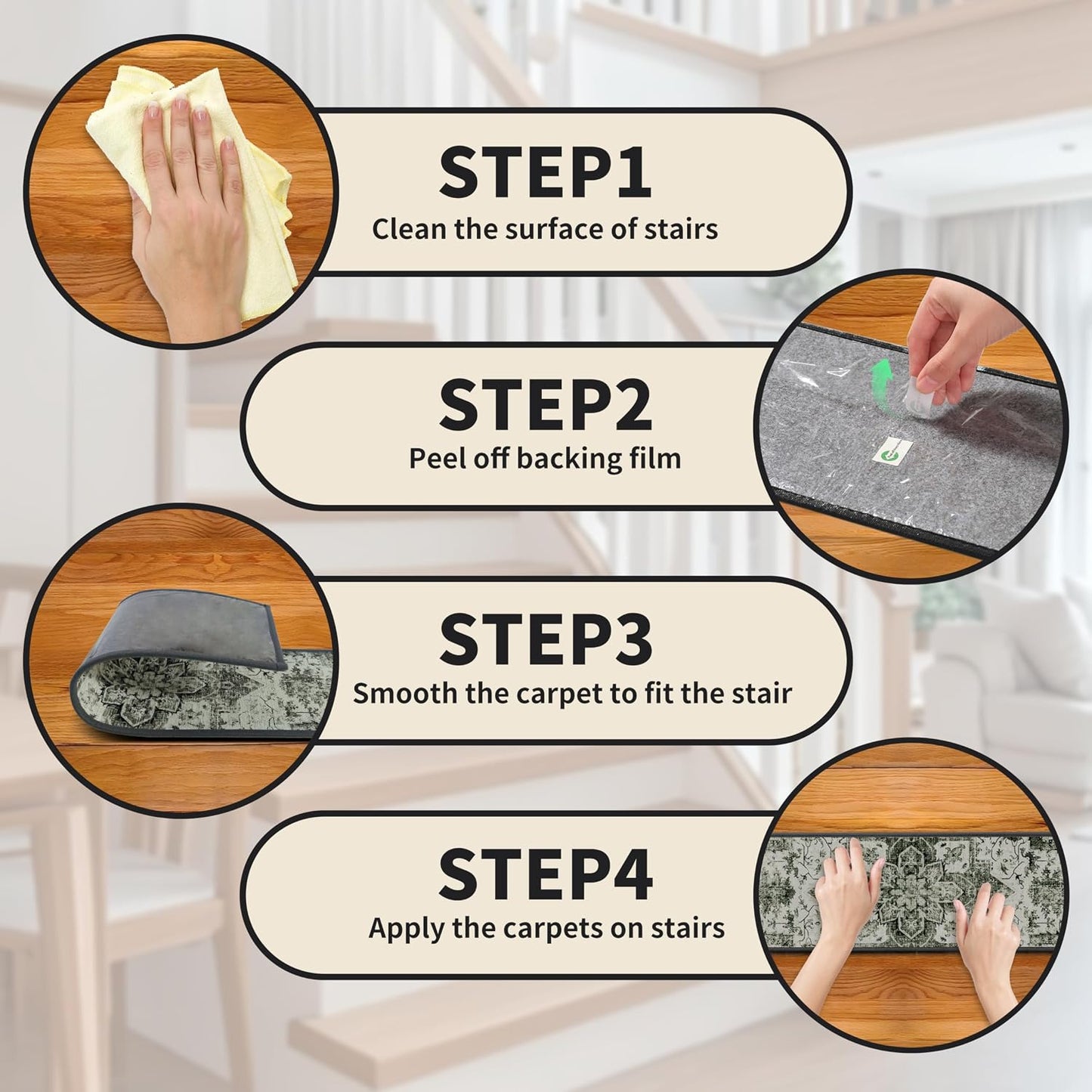 Non-Slip Carpet Stair Treads 15PCS, 8"x30" Peel and Stick Stair Runner for Wooden Steps Indoor, Washable Reusable Adhesive Backing, Pet-Friendly Safety Mats for Kids, Elders, Dogs