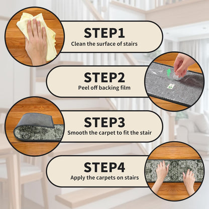Non-Slip Carpet Stair Treads 15PCS, 8"x30" Peel and Stick Stair Runner for Wooden Steps Indoor, Washable Reusable Adhesive Backing, Pet-Friendly Safety Mats for Kids, Elders, Dogs