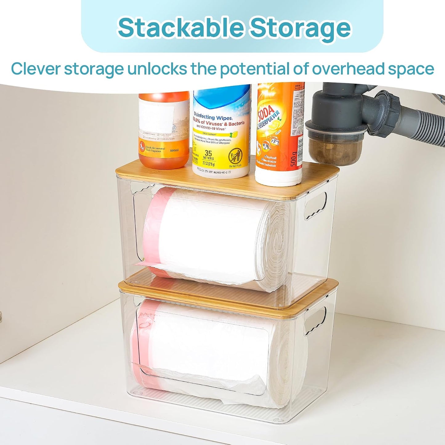 Vtopmart 2 Pack Trash Bag Holder, Stackable Garbage Bag Dispenser for 13/30/33 Gallon Bags, Clear Organizer Bins for Under Kitchen Sink, Laundry Room Organization and Storage