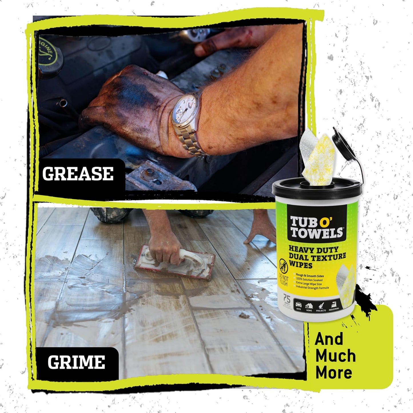 Tub O' Towels TW75 Heavy-Duty Multi-Surface Cleaning Wipes, Pack of 1 – XL 10" x 12" Dual-Texture Wipes – Helps Remove Grease, Oil, Tar, Paint, Ink & Tough Messes – For Home, Garage, Auto & Workshop