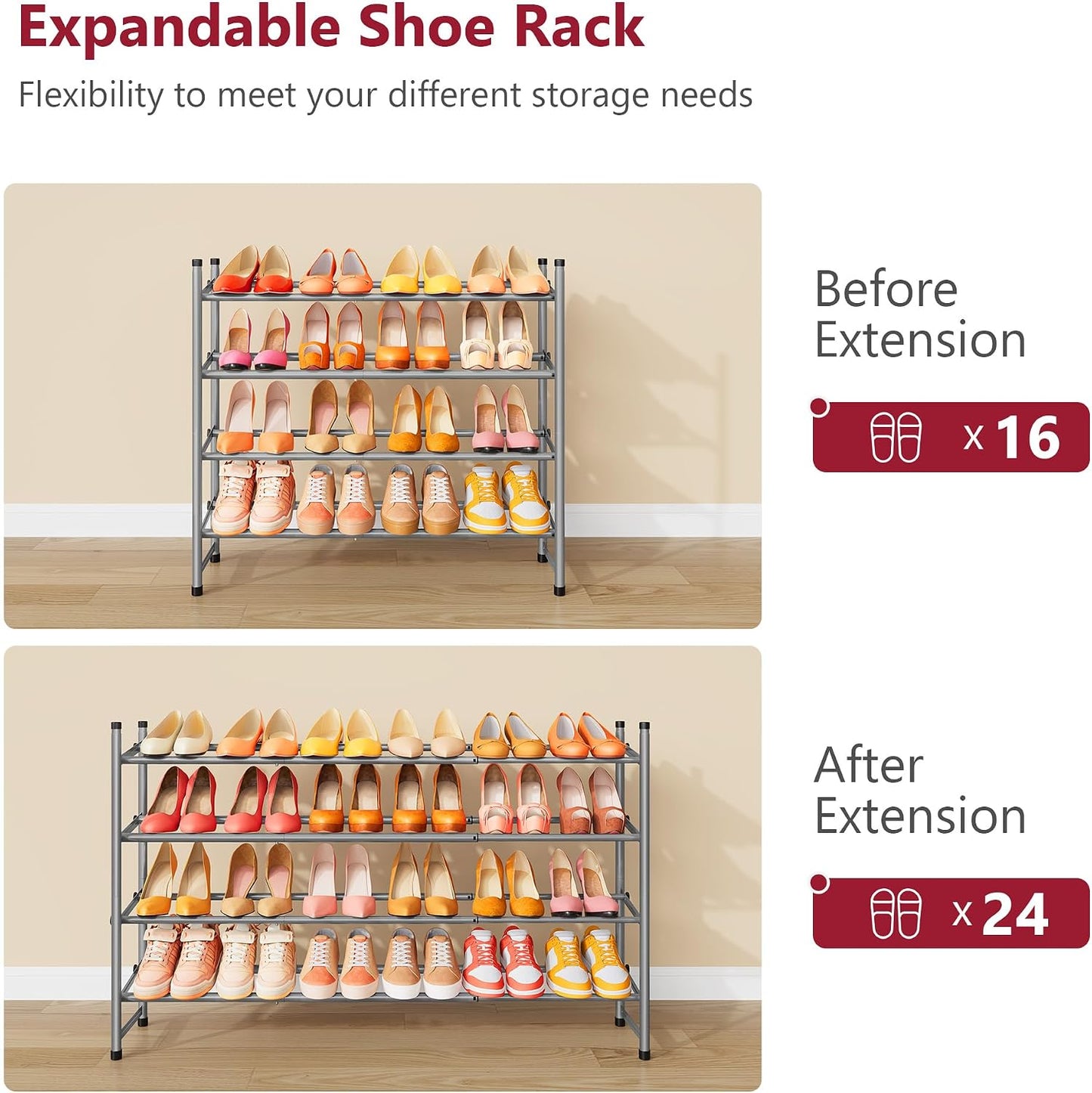 Tajsoon Expandable Shoe Rack for Closet 3 Tier, 28“-41“Adjustable & Stackable Shoe Shelf Storage, Metal Shoe Rack Organizer for Front Door Entrance, Closet, Garage, Entryway, Black