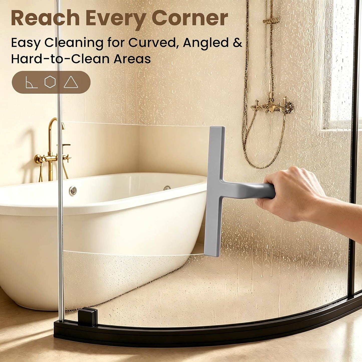 Shower Squeegee for Glass Doors - 10 Inch Bathroom Squeegee with Ergonomic Round Grip, Built-in Hook, Streak-Free No-Squeak Silicone Blade for Shower Glass, Tile Walls, Mirrors & Windows, Black