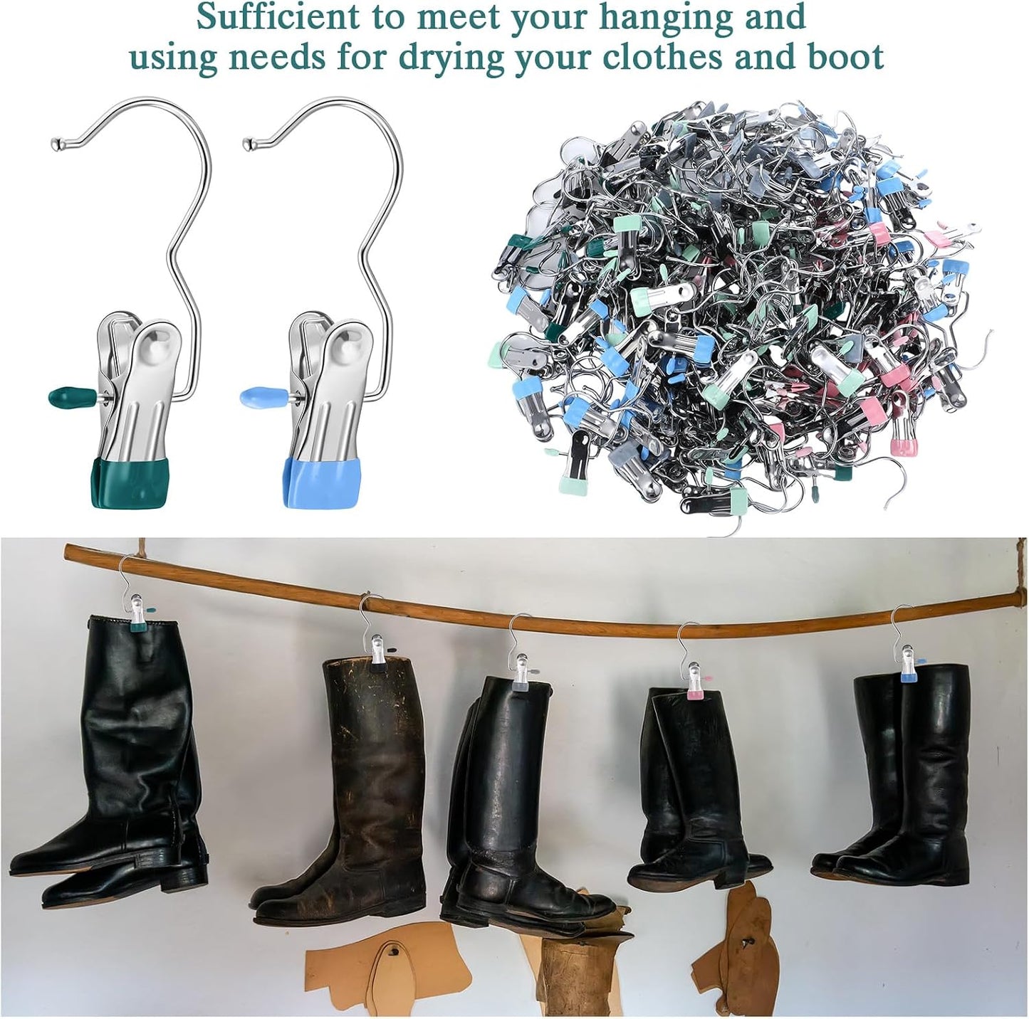 Yinder 150 Pcs Boot Hangers Clips Laundry Hooks Hanging Stainless Steel Clothes Pins Portable Clip Hangers for Closet Travel Socks Pants Handbags Hats Towels (Beige)