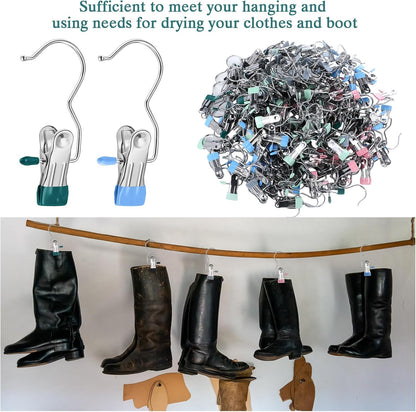 Yinder 150 Pcs Boot Hangers Clips Laundry Hooks Hanging Stainless Steel Clothes Pins Portable Clip Hangers for Closet Travel Socks Pants Handbags Hats Towels (Beige)