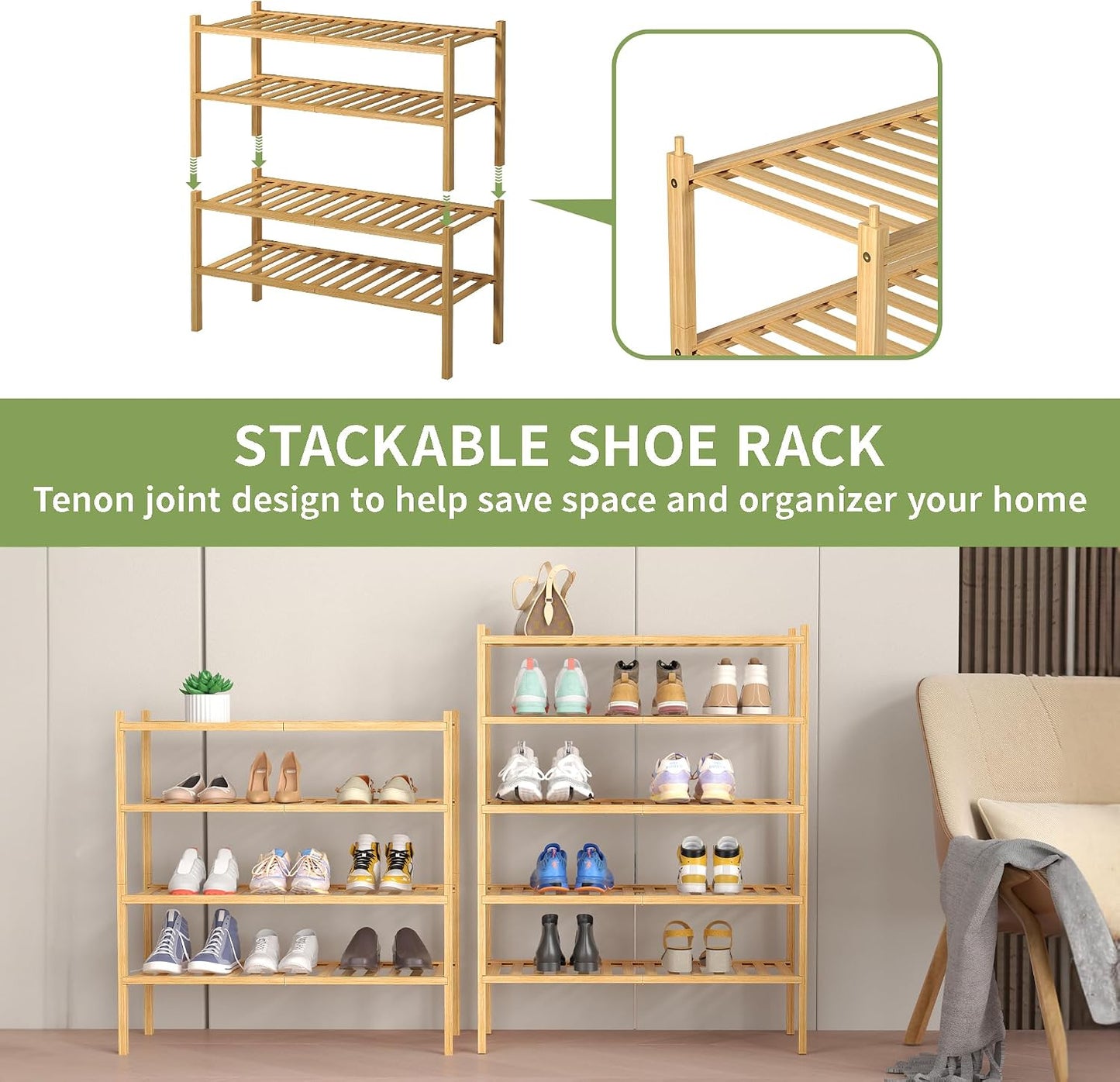 ROMGUAR CRAFT 3 Tier Bamboo Shoe Rack for Closet Free Standing Wood Shoe Shelf Storage Organizer for Entryway Small Space Stackable 27"x11"x20" (Natural)