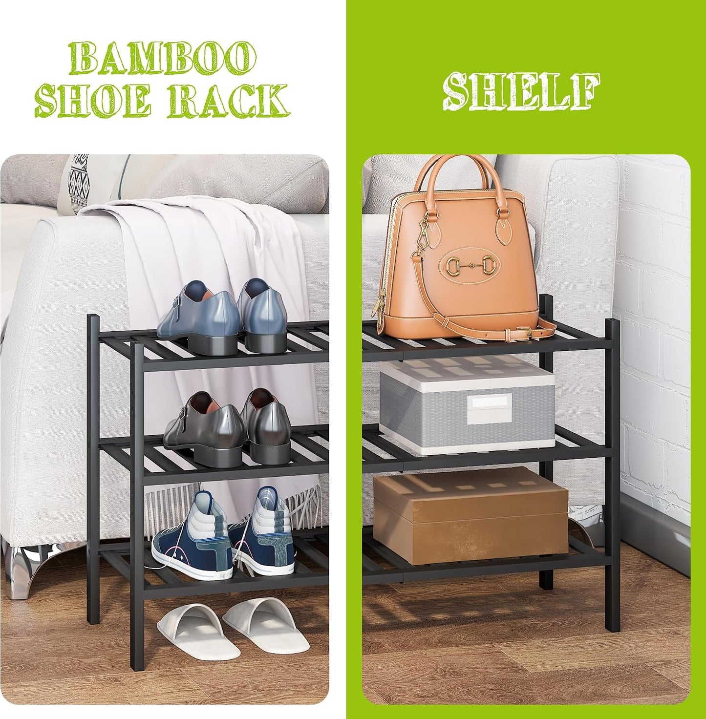 BMOSU 2-Tier Bamboo Small Shoe Rack Premium Stackable Shoe Shelf Storage Organizer for Hallway Closet Living Room Entryway Organizer (Black Bamboo)