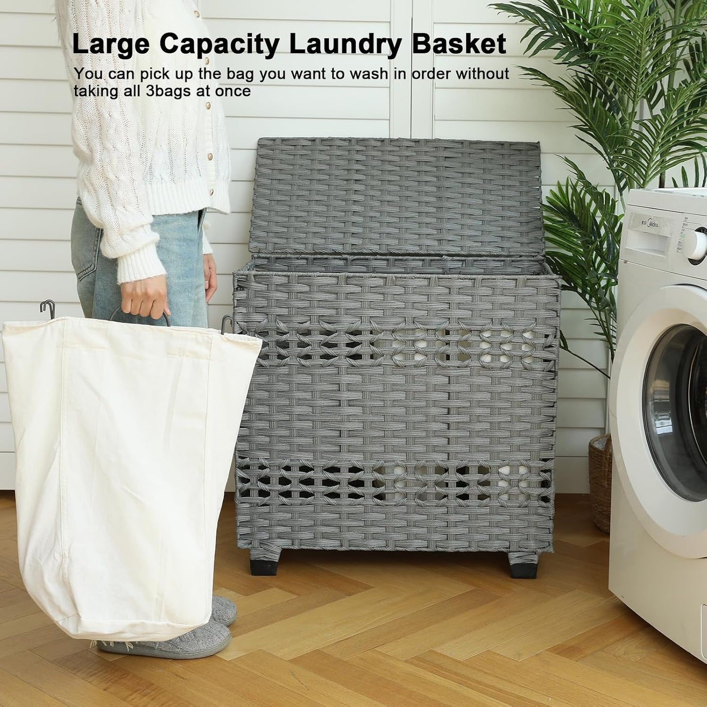 OIAHOMY Laundry Hamper with Lid, 140L Clothes Hamper with 3 Removable Liner Bags, Foldable Basket with Lid, Synthetic Wicker Laundry Basket for Bedroom, 27x 13 x 26 Inches, Yellow