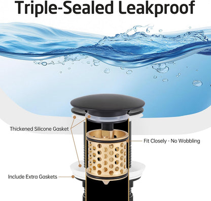 KES Bathroom Sink Drain with Overflow, All Metal Pop Up Drain for Bathroom Sink Stopper with Brass Strainer Basket Hair Catcher Anti Clog Rustproof 18/8 Stainless Steel Matte Black, S2018A-BK