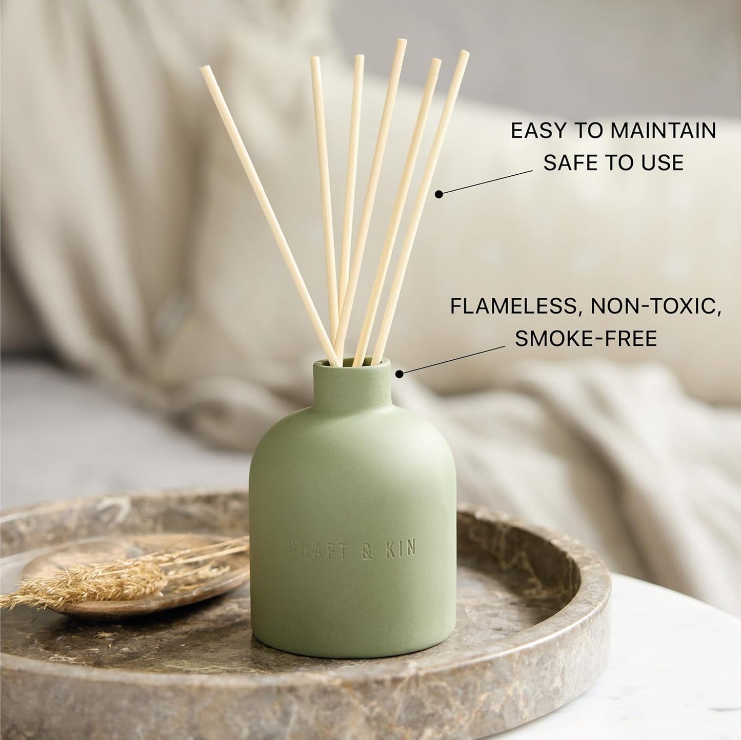 Craft & Kin Reed Diffuser for Home & Bathroom – Neroli & Jasmine Holiday Reed Diffuser Set with Fragrance Sticks, Long-Lasting Alcohol-Free Winter Scent, Earthenware Collection, 6.7oz