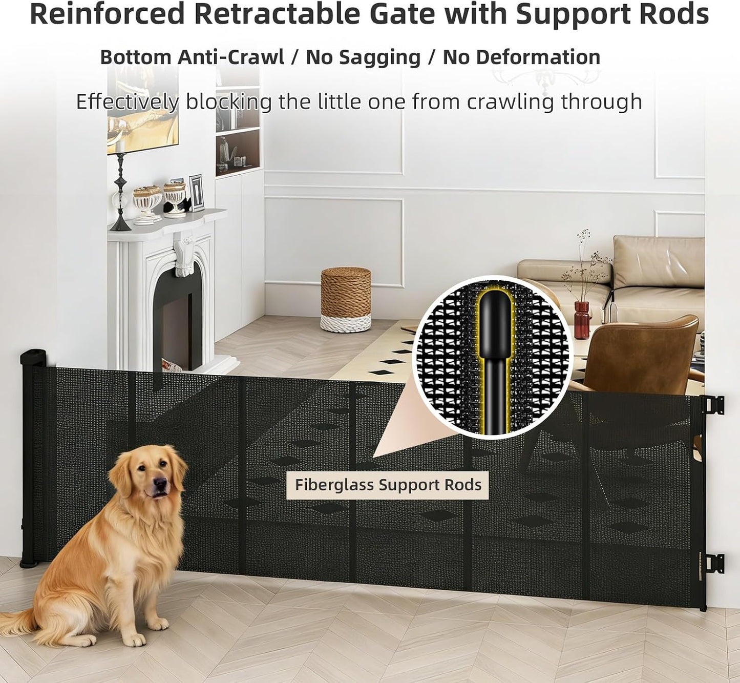 Retractable Baby Gate, 55 in Wide x 33 in Tall Mesh Dog Gate, Hardware Mounted Safety Gate with Double Lock for Doorways, Hallways, Indoor Outdoor, White