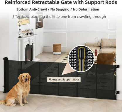Retractable Baby Gate, 55 in Wide x 33 in Tall Mesh Dog Gate, Hardware Mounted Safety Gate with Double Lock for Doorways, Hallways, Indoor Outdoor, White