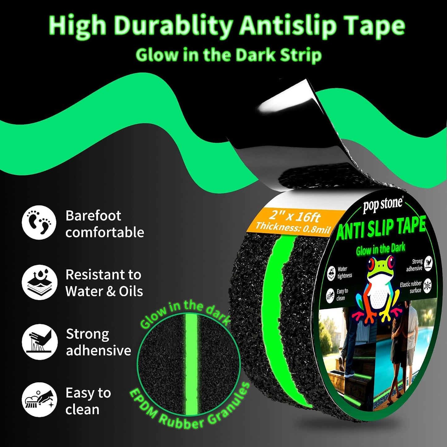Waterproof Anti-Slip Traction Tape | 2" x16.5 FT | Heavy-Duty EPDM Rubber, Strong Grip & Barefoot Gentle | Indoor & Outdoor Solution: Poolside, Bath, Ramps, Stairs, Board Steps