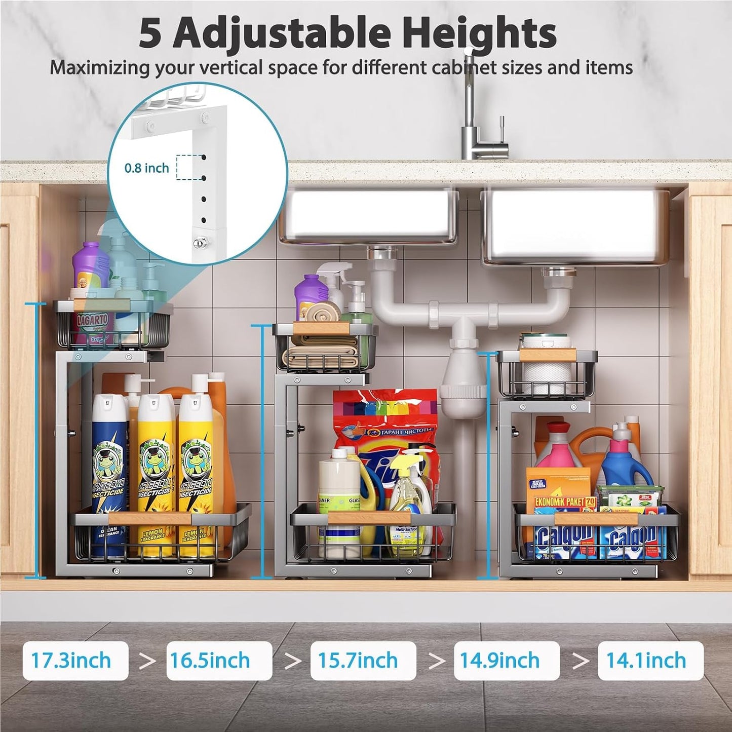 Liuoud Under Sink Organizer 2 Pack, 2 Tier Slide Out Large Capacity Height Adjustable Under Sink Organizers and Storage for Kitchen Bathroom Cabinet, White