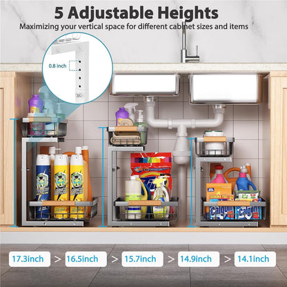 Liuoud Under Sink Organizer 2 Pack, 2 Tier Slide Out Large Capacity Height Adjustable Under Sink Organizers and Storage for Kitchen Bathroom Cabinet, White
