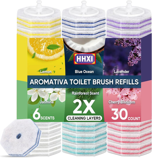 30Ct Aromative Toilet Brush Refills, Toilet Bowl Cleaner Refills, Double-Layer Cleaning Pads Added, Disposable Refill Heads for Toilet Bowl Cleaner Wands，Lemon, Blue Ocean, Lavender （Patented）