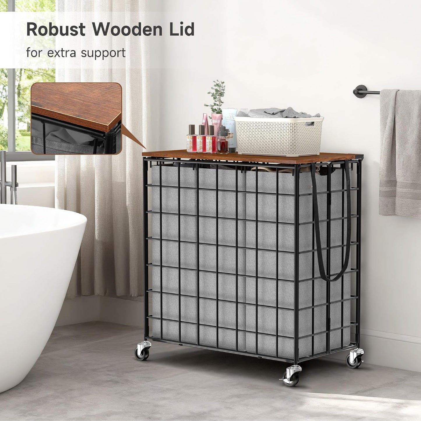 Laundry Basket with Wheels, Heavy Duty Laundry Sorter 2 Sections, 120L (32Gal.) Large Capacity Laundry Hamper with Wood Lid, 360 Rolling Wheels, Extra Side Pocket, Leather Pull Handle, Beige