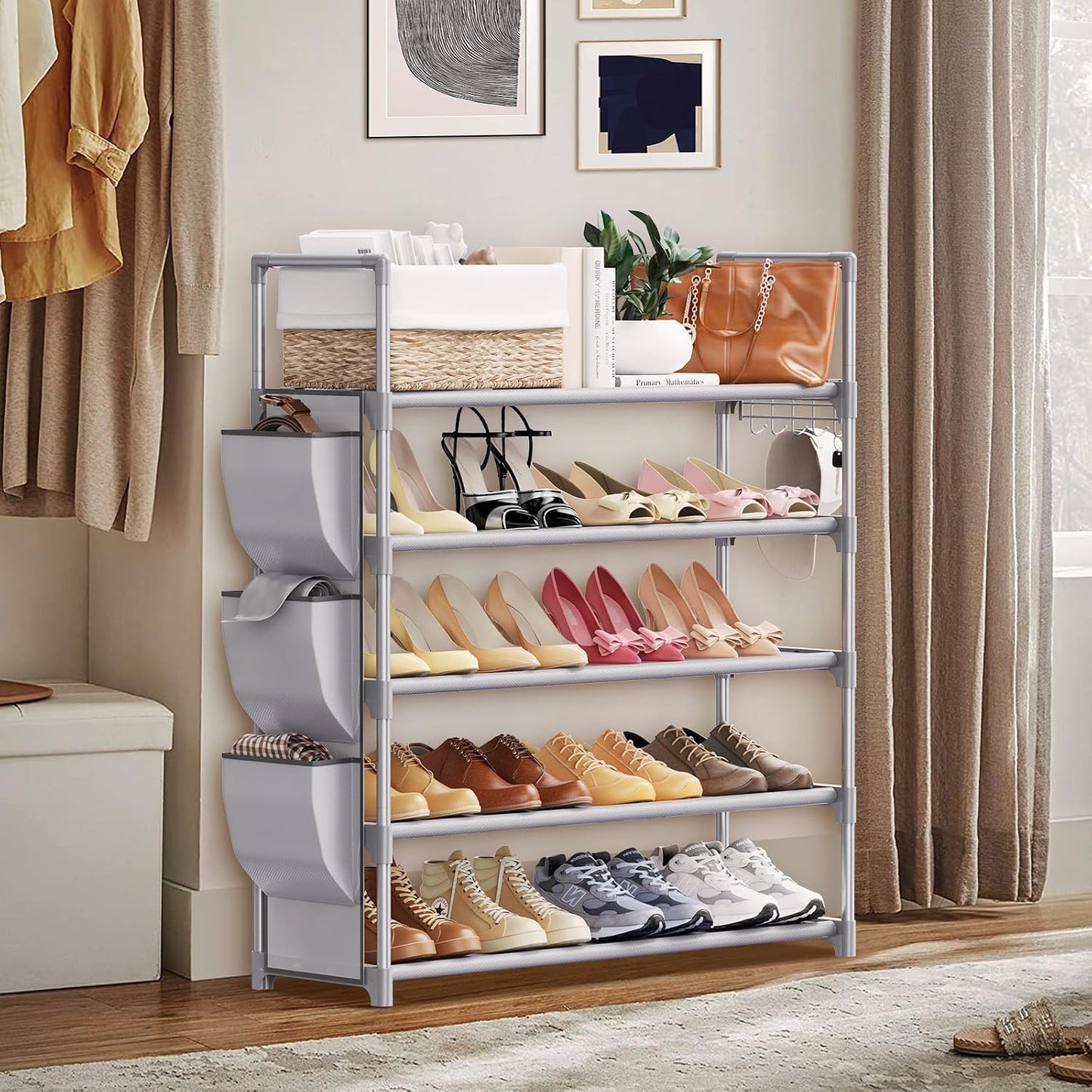 VILICK 5 Tier Shoe Rack with Hook and Side Pocket,Shoe Organizer Space Saver Storage for 20-25 Pair Shoe Storage Shelf Sturdy Free Standing Long Shoe Rack Organizer for Closet,Entryway,Small Spaces