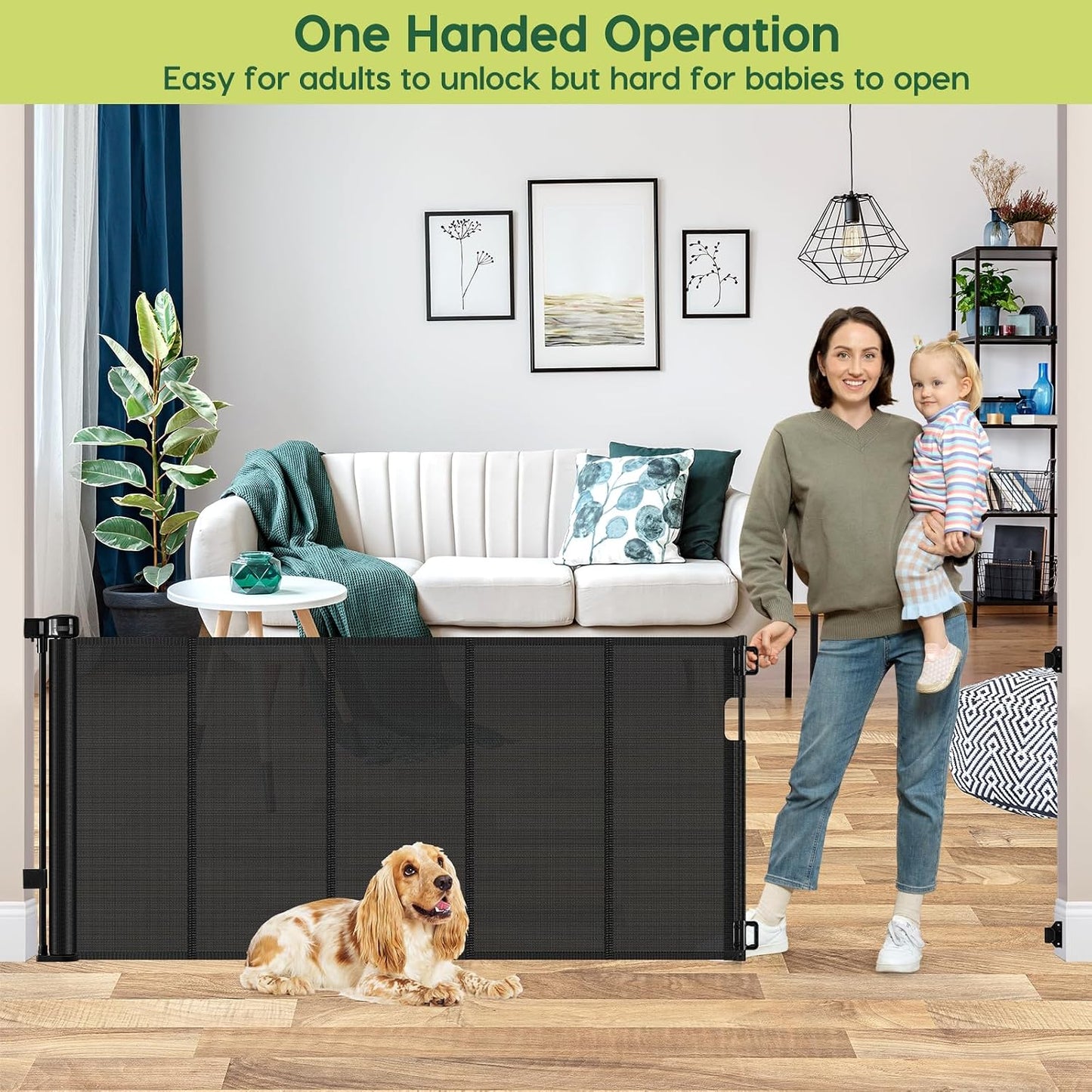 Reinforced 55" Wide Retractable Baby Gates with Reinforced Strips, Indoor/Outdoor Retractable Dog Gate for Doorway Prevent Bottom Drilling Through, No Bottom Bar Safety Mesh Baby Gate for Stair, Black