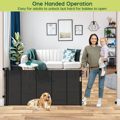 Reinforced 55" Wide Retractable Baby Gates with Reinforced Strips, Indoor/Outdoor Retractable Dog Gate for Doorway Prevent Bottom Drilling Through, No Bottom Bar Safety Mesh Baby Gate for Stair, Black