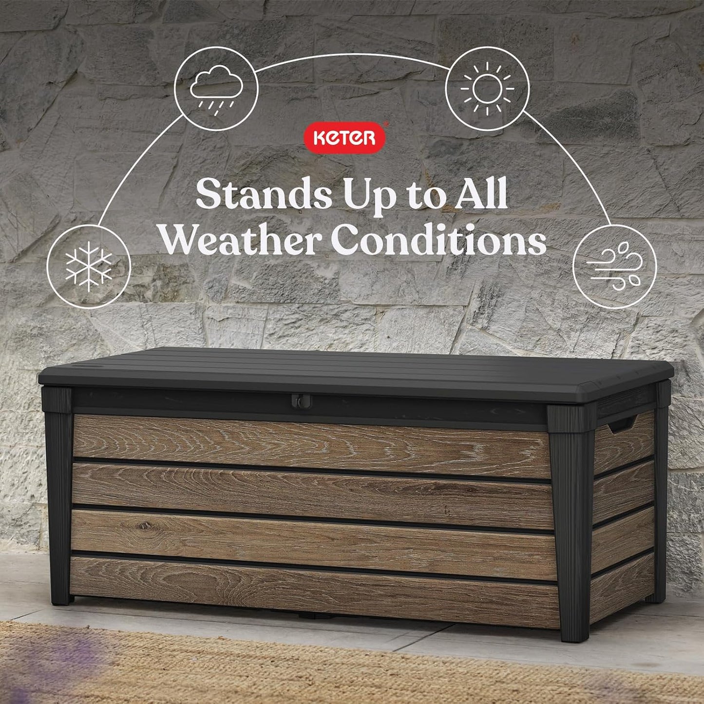Keter Signature Everwood 30 Gallon Resin Outdoor Storage Box and Patio Furniture Side Table for Pool and Garden Accessories, Walnut