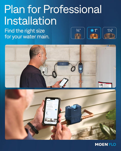 Moen Flo 1-inch Smart Water Shut Off Valve, Smart Home Water Monitor Leak Detector, Wifi Connected, App Enabled Flow Meter and Shutoff, 900-006