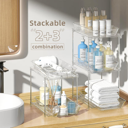 Sevenblue 4-Pack 2-Tier Under Sink Organizer with Pull Out Drawers | Multi-use kitchen & bathroom storage. Includes hanging hooks and cups. Black, space-saving cabinet design.