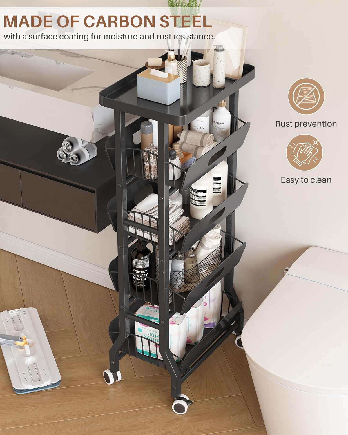 4 Tier Slim Fridge Side Cart with Slide Track Pull Out Baskets, Rolling Metal Kitchen Gap Storage Trolley