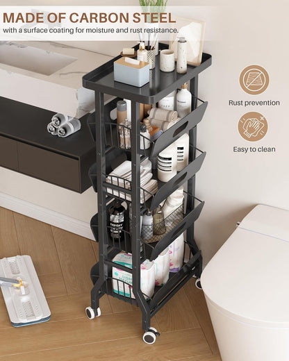 4 Tier Slim Fridge Side Cart with Slide Track Pull Out Baskets, Rolling Metal Kitchen Gap Storage Trolley
