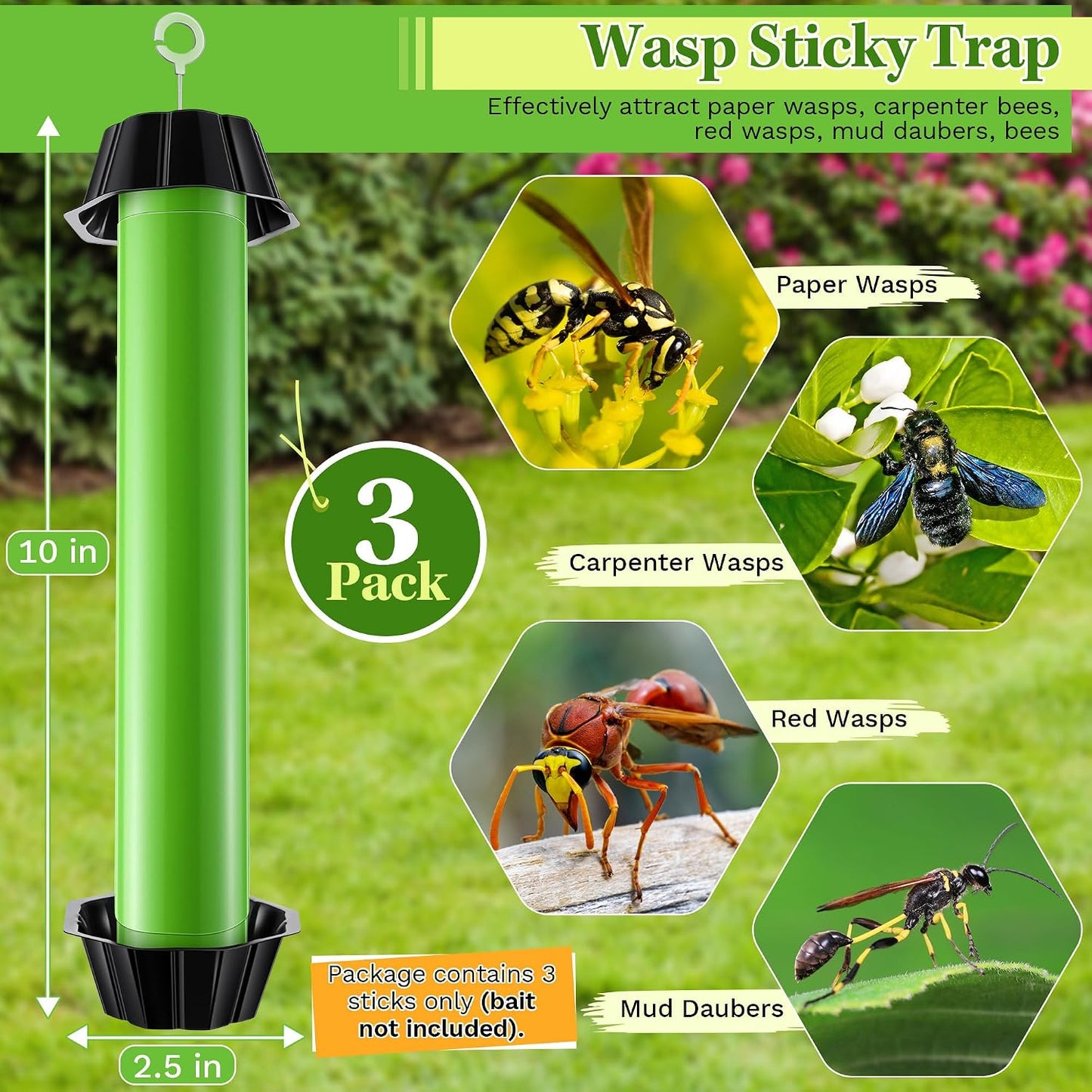 Qualirey 3 Pack Wasp Trap Bee Catcher, Wasp Traps Outdoor Hanging, Sticky Catcher for Hornets, Paper Wasps, Carpenter Bees (Green)