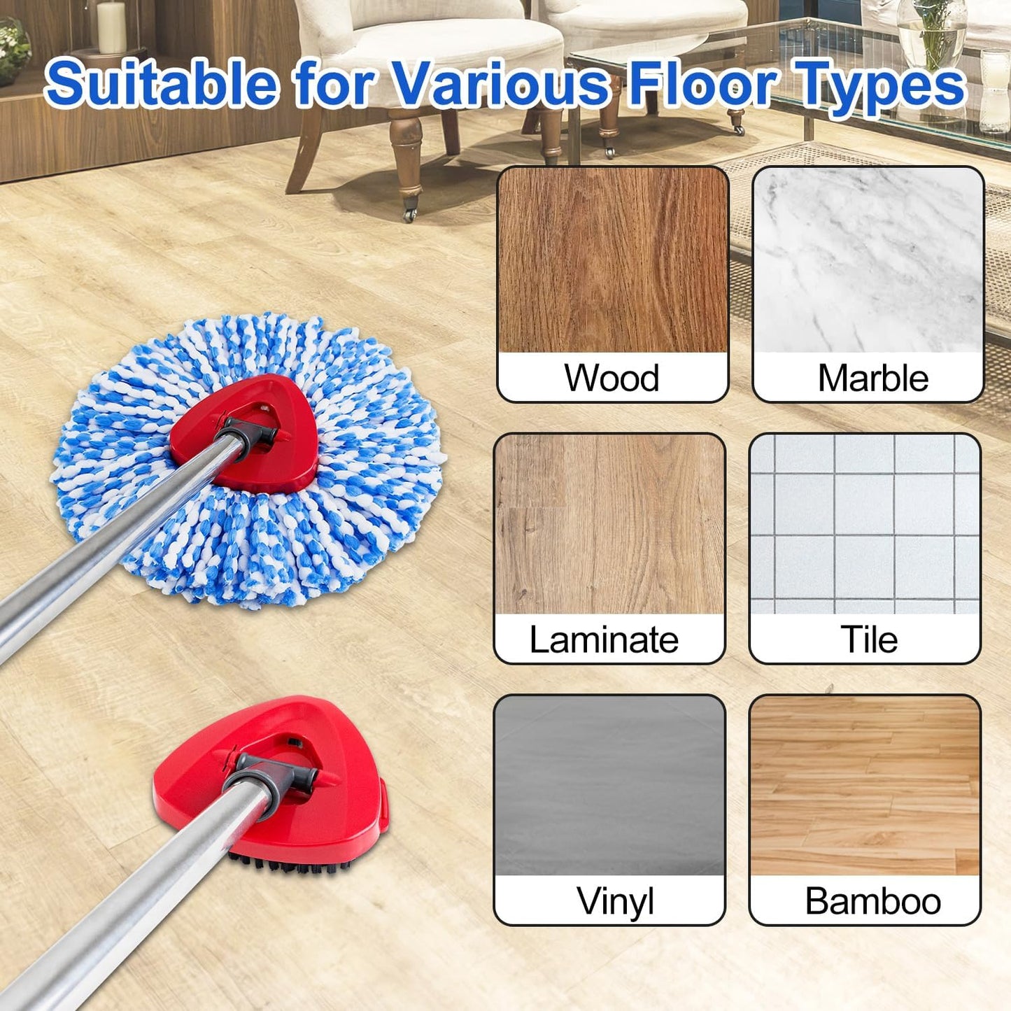 Mop Replace Heads Mop Handle and Base Replacement for O Cedar EasyWring 1-Tank Spin Mop System, 2 Microfiber Mops Refills, 4-Section Iron Mop Handle 30-58Inch and 1 Mopping Heads Cover Set (No Bucket)