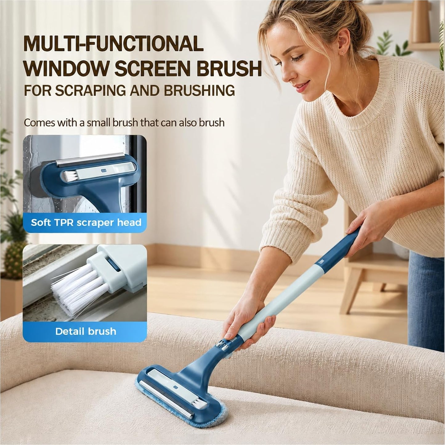 Window Screen Cleaning Brush, 3 in 1 Window Screen Cleaner Brush with Squeegee and Detachable Long Handle,Wet Dry Dual-Use Mesh Screen Cleaner Tool for Dusty Corners, Patio Door Porch Screens(Blue)