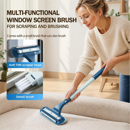 Window Screen Cleaning Brush, 3 in 1 Window Screen Cleaner Brush with Squeegee and Detachable Long Handle,Wet Dry Dual-Use Mesh Screen Cleaner Tool for Dusty Corners, Patio Door Porch Screens(Blue)