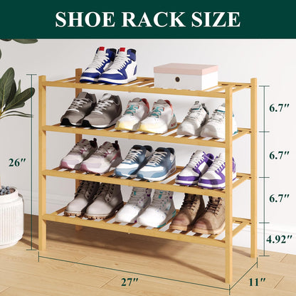 Smiry Bamboo Shoe Rack for Closet, 3 Tier Wooden Shoe Organizer, Stackable Wood Shoe Storage Shelf for Entryway, 14 Vertical Slats, One-piece Heavy-Duty Legs, 26.77"x11.02"x18.31", Natural