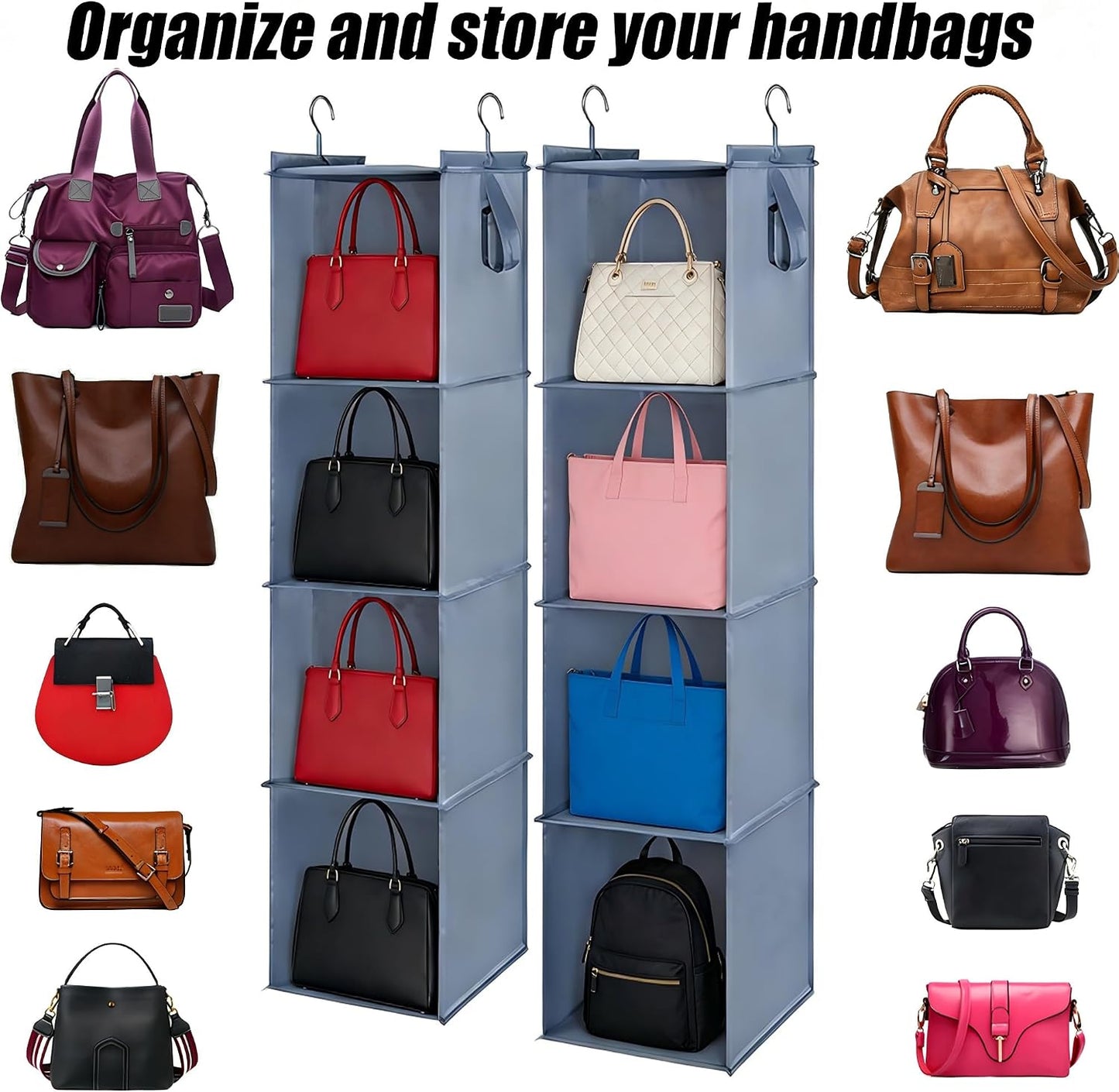 Hanging Closet Organizer Storage Shelf Rack Bag Sweater Hat Shoe | 59" Hang Closet Organization Storing Shelves Rack Display for Purse Handbag Clothes Space Saver Oxford Cloth Large Grey 2Pack