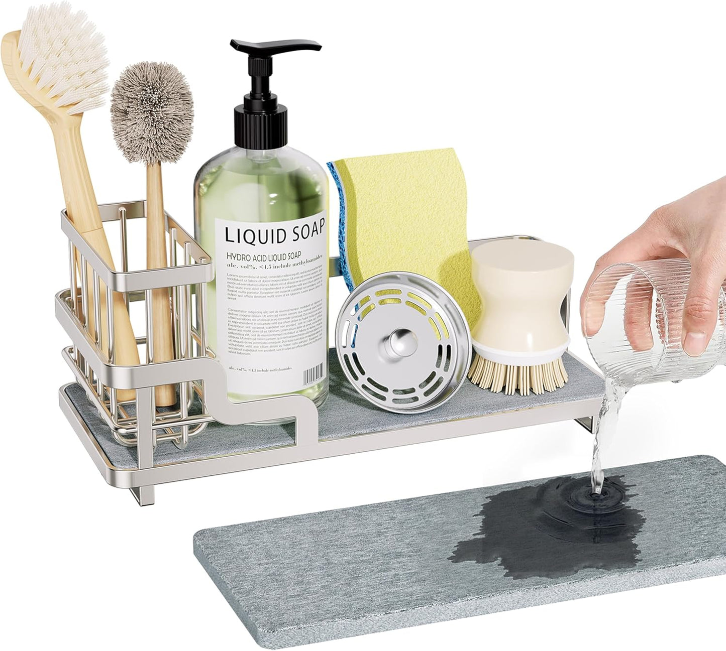 Consumest Sponge Holder for Kitchen Sink - Sink Caddy Organizer with Water Absorbing Stone Tray, Detachable Brush Holder, Stainless Steel Kitchen Counter Organizer Rack, Black