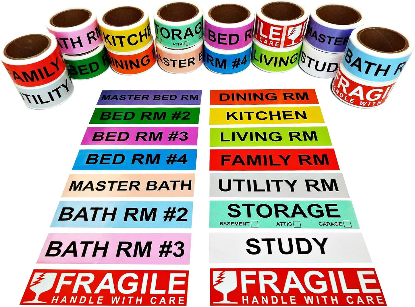 Aegis Adhesives - 1" X 4.5" Home Moving Color Coding Labels (16 Rolls, 50/Roll, 800 Total) 4 Bedroom House + Fragile Stickers - 14 Different Living Spaces + 2 Handle with Care