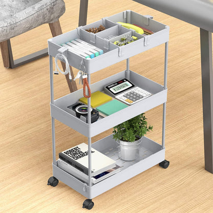 SPACELEAD 3 Tier Rolling Cart with Wheels, Storage Craft Art Trolley Organizer Serving, 3 Hanging Baskets Easy Assembly, for Office, Bathroom，Living Room, Kitchen, White